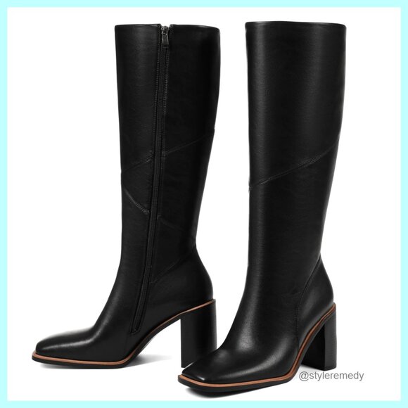 Women's Knee High Leather Boots 3.1 Inch Chunky Heel Square Toe Slip Resistant